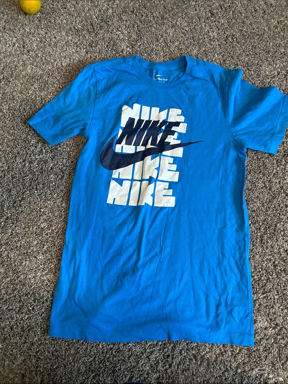 Nike Bright Blue Tee with White Stacked Logo and Navy Swoosh